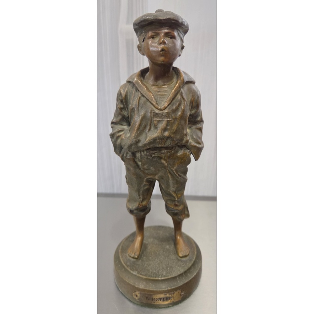 Vintage "Whistler Boy" Statue Spelter Bronze Finish Metal Newsboy Figurine 9"‎